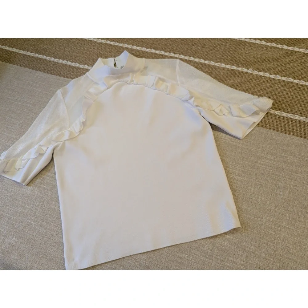NEW! Alice + Olivia M White Knit 'Chiara' Ruffle Pullover Top Short Sleeve $360
